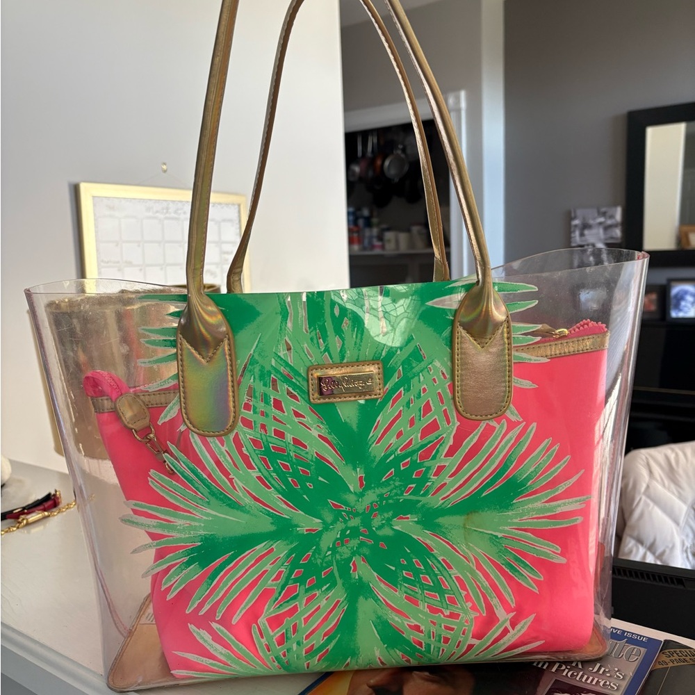 Lilly Pulitzer Clear Tropical Pink and Green Tote